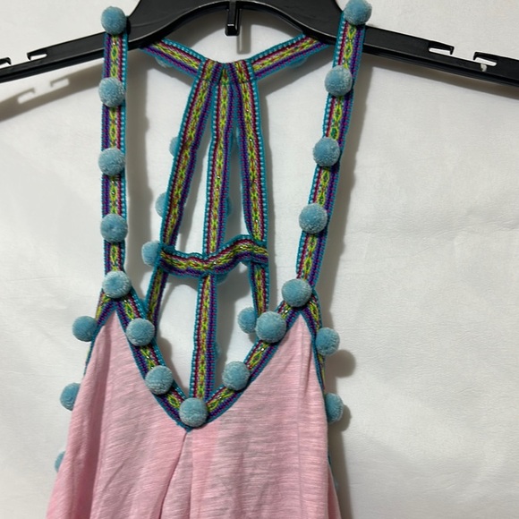 Pink Halter Dress with Blue Pom-Pom Trim - Picture 2 of 5